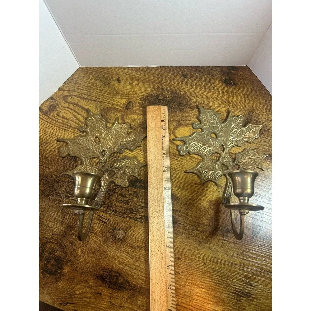 Vintage Brass Holly Leaf Candle Holders Pair Christmas Sconce Decor  Holiday Set